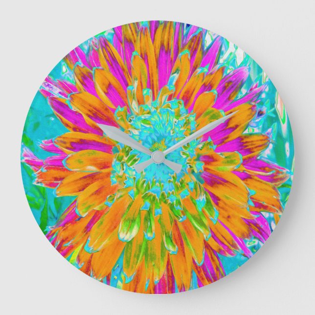 Relógio Grande Dália Decorativa Laranja Tropical e Rosa Quente (Frente)