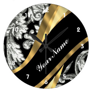 Relógio Grande Damasco floral preto & branco