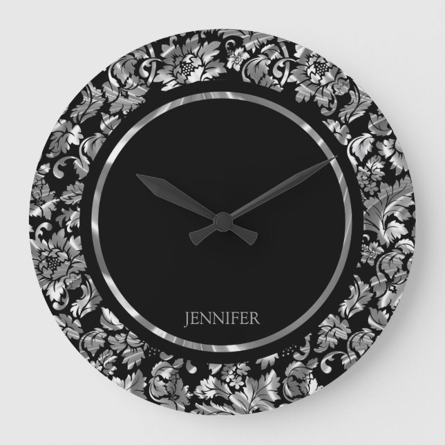 Relógio Grande Damascos Florais De Prata Preta E Metálica (Frente)