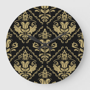 Relógio Grande Damask Black Dourado: Ornament Clássico.