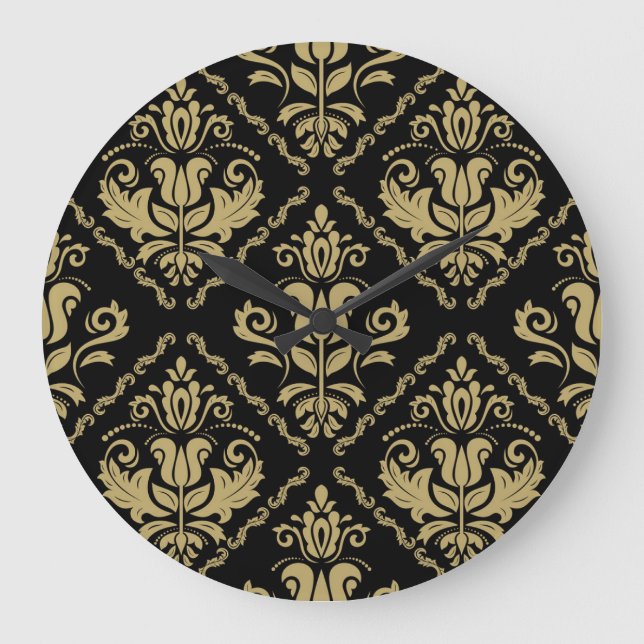 Relógio Grande Damask Black Dourado: Ornament Clássico. (Frente)