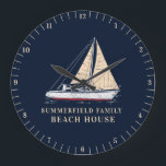 Relógio Grande Decinto da Casa de Praia da Família Náutica<br><div class="desc">Design de barco da família temática náutica com barco à vela e tipografia moderna que faz uma casa de praia perfeita ou decoração de cabana fingida Veja os outros itens correspondentes como camisetas para o resto da família - mãe, pai, irmão, irmã e primo. Acessórios de barco, incluindo porta-moedas, tatuagens,...</div>