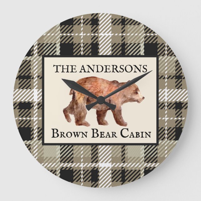 Relógio Grande Decoração de Urso de Cabana Xadrez Verde Rústico P (Frente)