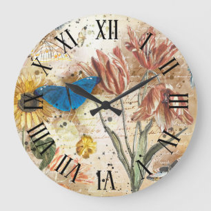 Relógio Grande Decoupage Floral de Borboleta Vintage