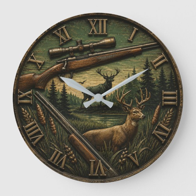 Relógio Grande Deer Hunting  Rustic Rifle & Whitetail Buck  (Frente)