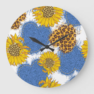 Relógio Grande Denim Hearts Leopard Sunflower Standard