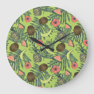 Relógio Grande Desenho da Fruta tropical sobre padrão verde