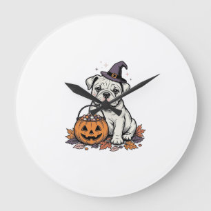 Relógio Grande Desenho de Abóbora Bulldog de Halloween Gravado Vi
