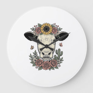 Relógio Grande Desenho de gravura vintage de cabeça de vaca flora
