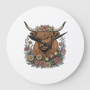 Relógio Grande Desenho de gravura vintage de vaca das Terras Alta
