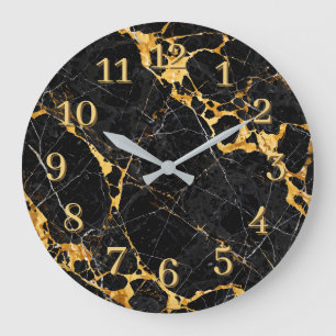 Relógio Grande Desenho de Mármore Nero Portoro Luxo Preto Dourado