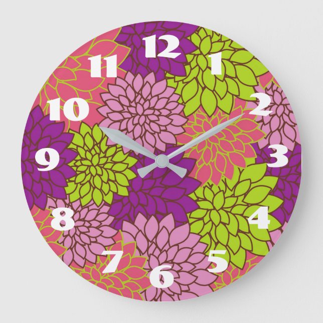 Relógio Grande Desenho Floral Ousado em Verde Lima, Rosa, Roxo (Frente)