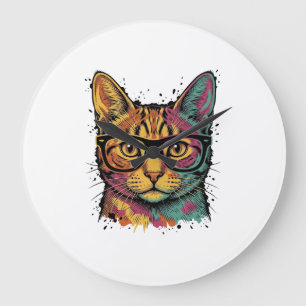 Relógio Grande Desenho Vetorial de Gato Gravado Vintage com Óculo