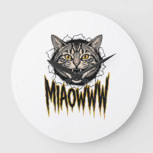 Relógio Grande Desenho Vetorial Gato Bravo Gravado Vintage MIAOWW