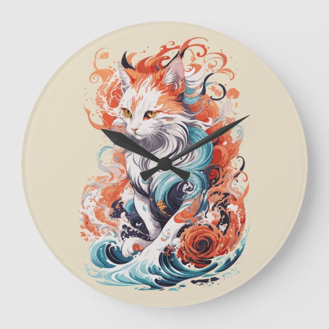 Relógio Grande Design de Gato Fofo em Estilo Neo Tradicional (Frente)