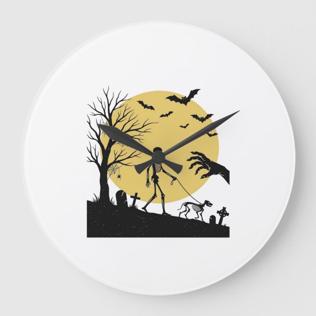 Relógio Grande Design de Vetor de Cão de Esqueleto de Halloween V (Frente)