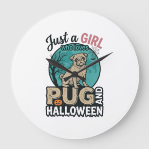 Relógio Grande Design de Vetor Vintage de Menina Pug Halloween (2