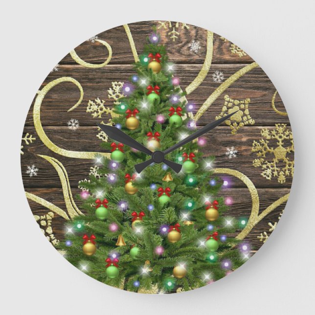 Relógio Grande Design Dourado de madeira de árvore de Natal elega (Frente)