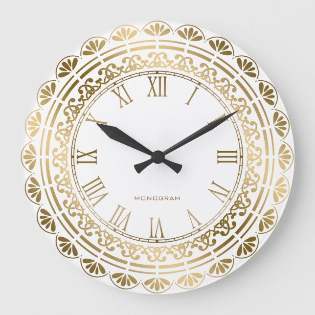 Relógio Grande Design Floral Dourado E Branco (Frente)