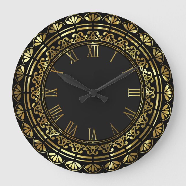 Relógio Grande Design Floral Dourado E Preto (Frente)