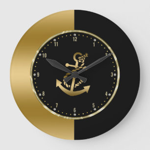 Relógio Grande Design Geométrico Preto e Dourado Com Âncora de Ba