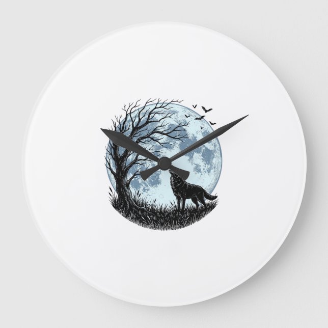 Relógio Grande Design Silhueta da Árvore da Lua Uivando Lobo Vint (Frente)