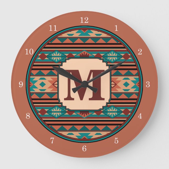 Relógio Grande Design Turquoise Terracotta Monogramo (Frente)