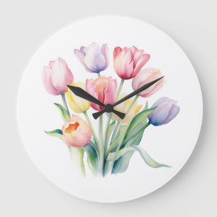 Relógio Grande Despertar primavera - Tulipas de Aquarela