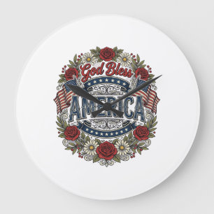 Relógio Grande Deus Abençoe a América Floral Patriótico Vintage