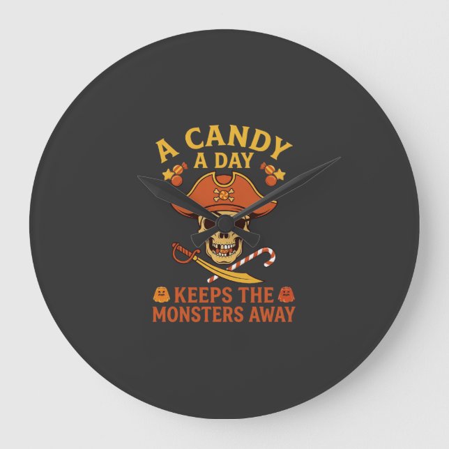Relógio Grande Dia de Doces Halloween Pirata Caveira Bengala (Frente)