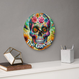 Relógio Grande Dia de los Muertos Crânio Floral Personalizado