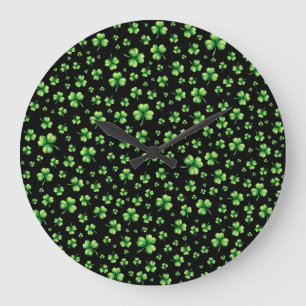 Relógio Grande Dia de São Patrício Shamrock de Aquarela em preto