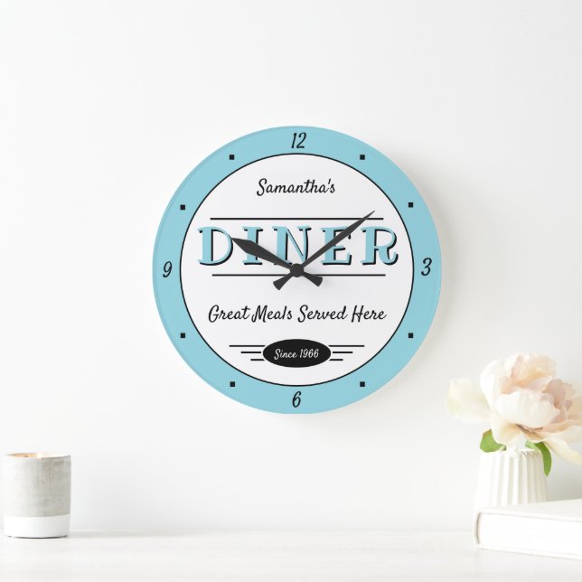 Relógio Grande Diner Any Name Date Retro Robin Egg Blue Black (Lar)