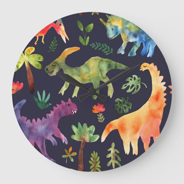 Relógio Grande Dinossauros Florais: Design de Tecido de de Aquare (Frente)