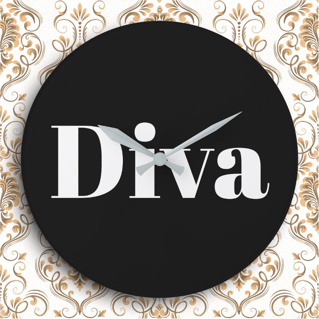 Relógio Grande Diva Opera Singer Glam Music Themed Black Black Wh (A stylish black wall clock featuring the word 'Diva' in large white lettering)