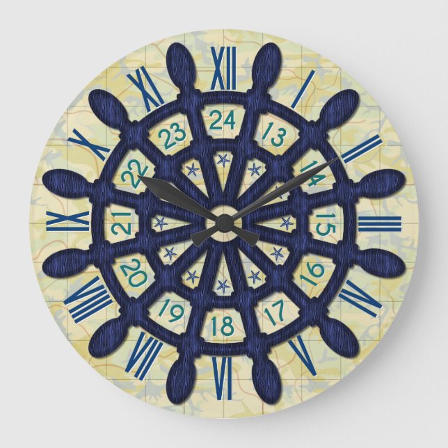 Relógio Grande Do marinheiro náutico azul de madeira da roda do (Frente)