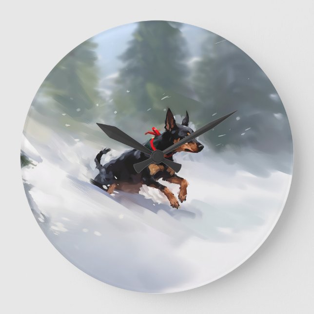 Relógio Grande Doberman Pinscher Natal neve inverno (Frente)