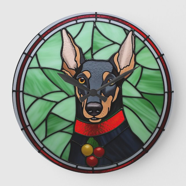 Relógio Grande Doberman Pinscher Vidro de Catedral Natal (Frente)