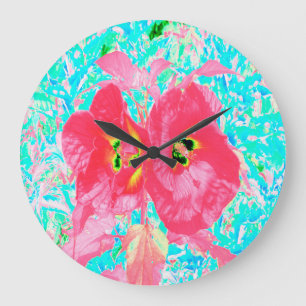 Relógio Grande Dois Hibiscus Louco de Coral Vermelho Rosado em Aq