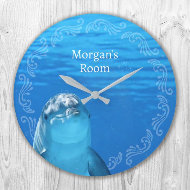 Relógio Grande Dolphin Blue Ocean Name Modelo (Dolphin Blue Ocean Name Template Large Clock)