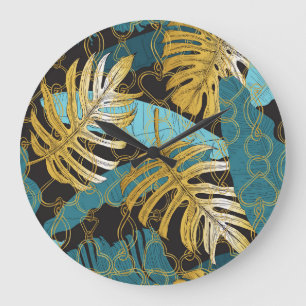 Relógio Grande Dourada cortina, folhas tropicais.