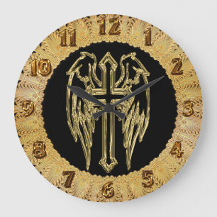 Relógio Grande Dourada cruz católica com asas
