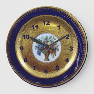 Relógio Grande Dourado, Azul Cobalto e Placa Antiquada Floral