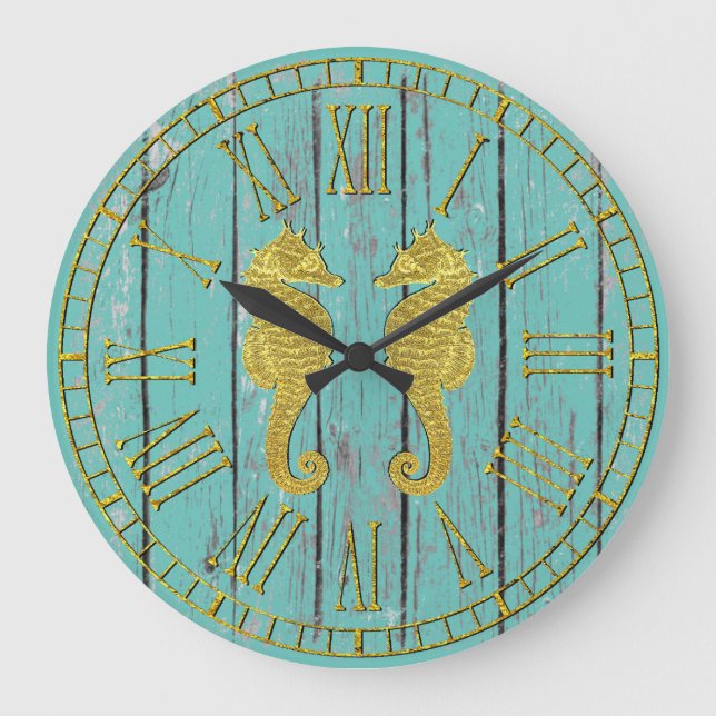 Relógio Grande Dourado Cavalos-marinhos Sua Madeira Colorida Atin (Frente)