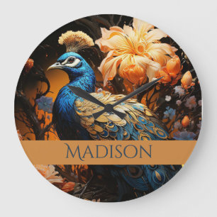 Relógio Grande Dourado e Azul Nome Personalizado Pavão Bonito