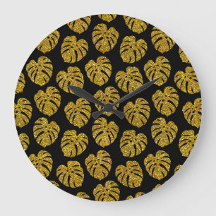 Relógio Grande Dourado Fundo Preto da Monstera da Glitter
