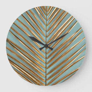Relógio Grande Dourado Pintado Padrão de Palma Tropical