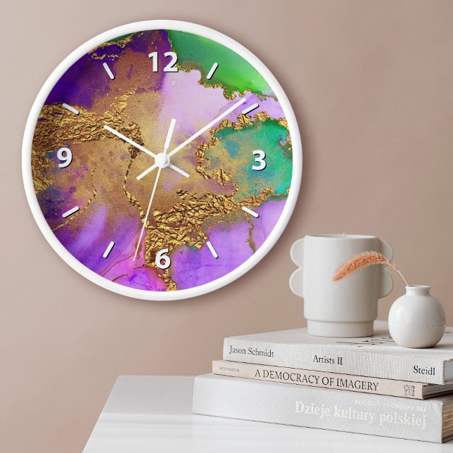 Relógio Grande Dourado roxo verde aqua chique glamour ágata aquar (Choose from round, square & wood frame options!)