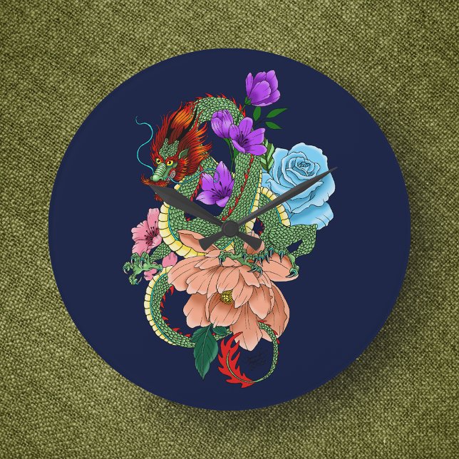 Relógio Grande Dragão Chinês Verde Místico Floral Azul Marinho (Criador carregado)