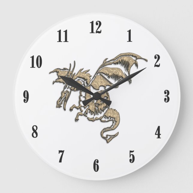 Relógio Grande Dragão Dourado Rosto Branco Números Pretos (Frente)